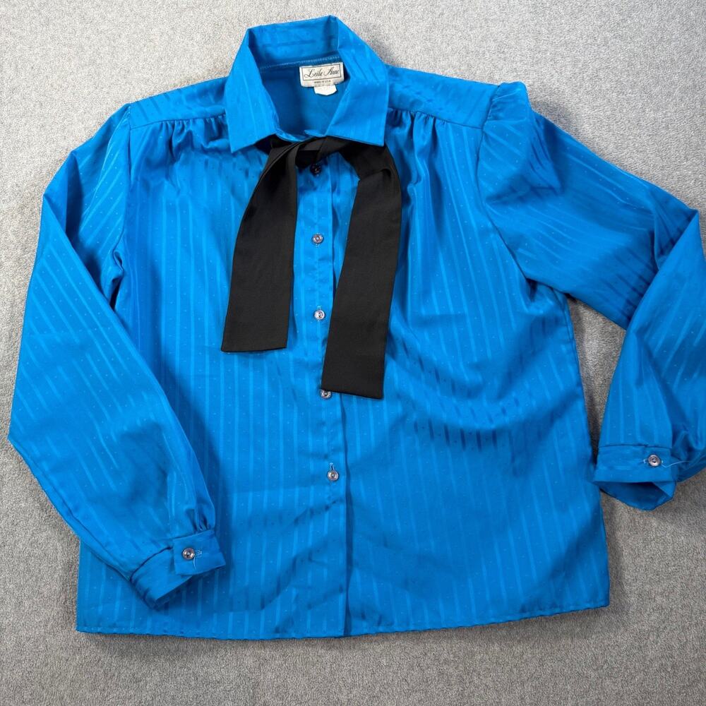 Leila Anne Women's Large Blue Stripe Bow Blouse Top Vintage Button Front